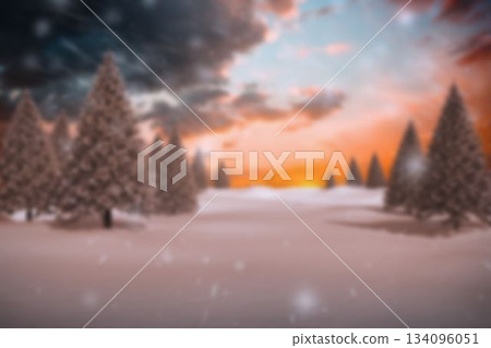 Flat design winter scene is showing snowy pine trees with falling snowflakes under sunset clouds Flat design winter scene is showing snowy pine trees with falling snowflakes under sunset clouds 134096051