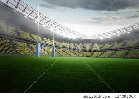 Flat empty rugby stadium is showing grass field, white goalposts with blue padding, floodlights Flat empty rugby stadium is showing grass field, white goalposts with blue padding, floodlights 134096067