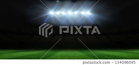 Flat vector illustration showing stadium floodlights lighting grass field and seating at night Flat vector illustration showing stadium floodlights lighting grass field and seating at night 134096095