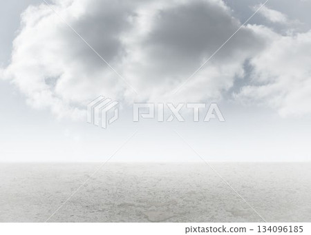 Barren cracked plain is stretching under overcast sky in flat design with massive grey cloud Barren cracked plain is stretching under overcast sky in flat design with massive grey cloud 134096185