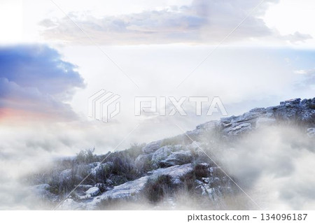 Flat design landscape is featuring rocky hillside with shrubs and mist under pastel cloudy sky Flat design landscape is featuring rocky hillside with shrubs and mist under pastel cloudy sky 134096187