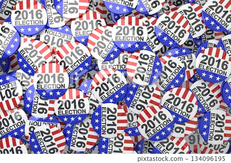 Flat style scattering of 2016 election buttons on flat surface, showing red stripes and blue stars Flat style scattering of 2016 election buttons on flat surface, showing red stripes and blue stars 134096195