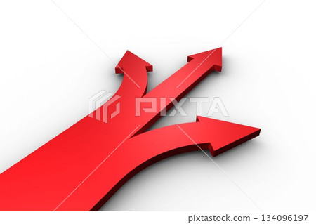Red arrow is branching into three arrows in conceptual 3D render on white background, copy space 134096197