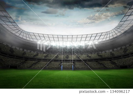 Rugby goal posts are standing in flat design stadium with blue padding, tiered seating, floodlights Rugby goal posts are standing in flat design stadium with blue padding, tiered seating, floodlights 134096217