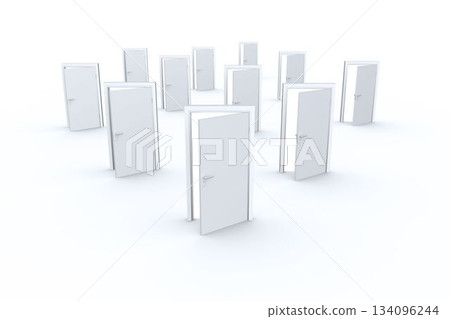 Single central white door is opening slightly on white void in flat design with silver handles 134096244