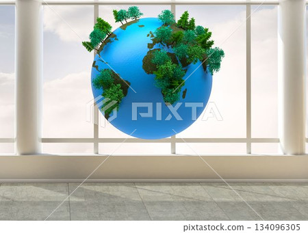 floating tree-covered earth globe hovering in 3D render room, showing grid windows and marble floor floating tree-covered earth globe hovering in 3D render room, showing grid windows and marble floor 134096305