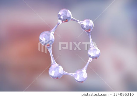 Six transparent spheres are floating via slender links in studio render, pastel gradient backdrop 134096310