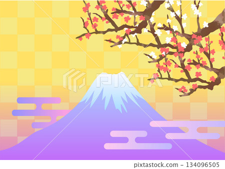 Mount Fuji and red and white plum blossoms background Mount Fuji and red and white plum blossoms background 134096505
