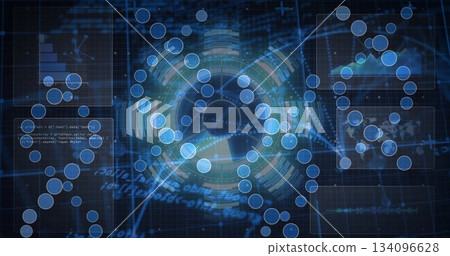 Central interface glowing on blue grid with node clusters, code, bar chart, map and waveform panels 134096628