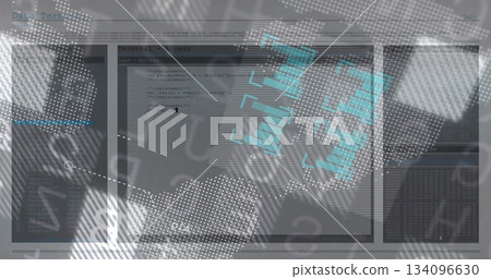 Displaying code terminal window overlaying numeric sequences on screen, with fingerprint graphic 134096630