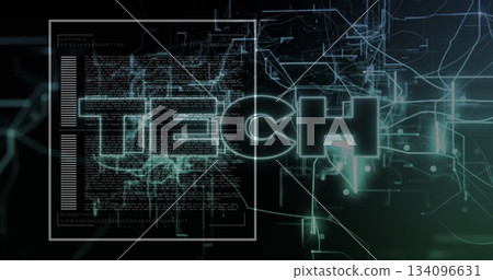 Displaying glowing TECH text floating in virtual interface, with neon circuit lines and code window Displaying glowing TECH text floating in virtual interface, with neon circuit lines and code window 134096631