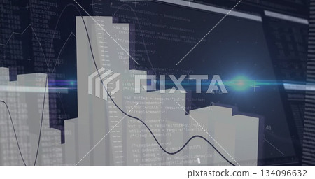 Dashboard displaying 3D white bar chart with overlaying line graph, code snippets and lens flare Dashboard displaying 3D white bar chart with overlaying line graph, code snippets and lens flare 134096632