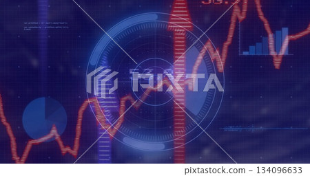 Showing central radar HUD scanning UI with red-orange line, blue pie, bar charts and code snippets 134096633