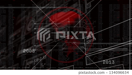Showing red map overlay radiating white lines on computer screen, with data code and year labels 134096634