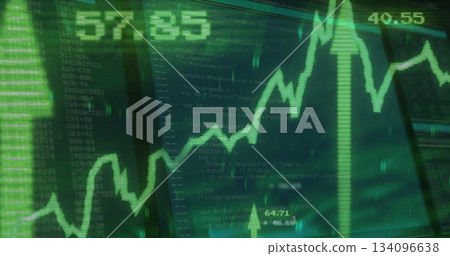 Displaying center green line chart rising on monitor, with code windows, numeric lists and arrows Displaying center green line chart rising on monitor, with code windows, numeric lists and arrows 134096638