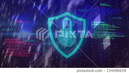 Showing teal shield icon fingerprint lock sitting on UI with floating numbers green red code blocks 134096639