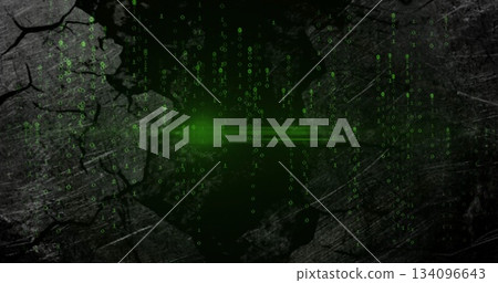 Cascading green binary column flowing over cracked surface in cyberspace, with central beam Cascading green binary column flowing over cracked surface in cyberspace, with central beam 134096643
