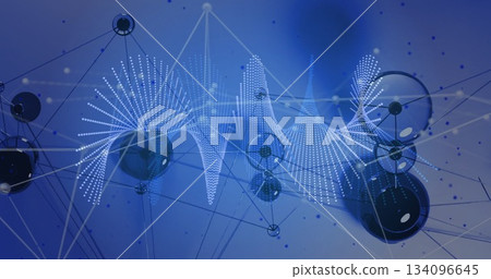 Displaying interconnected network filling digital space, with spherical nodes and dotted waveforms Displaying interconnected network filling digital space, with spherical nodes and dotted waveforms 134096645
