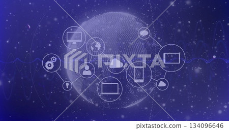 Displaying dotted globe connecting nodes in virtual network, with technology communication icons Displaying dotted globe connecting nodes in virtual network, with technology communication icons 134096646