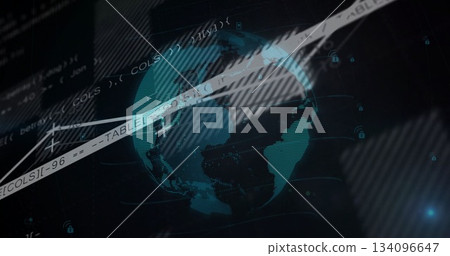 Showing teal globe in cyberspace with code overlays, diagonal white bars, padlock icons, grid lines 134096647