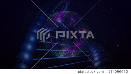 Floating digital globe with neon grid glowing among stars, with purple nebula and blue-sphere helix 134096650