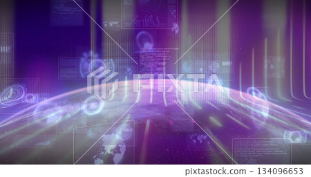 Displaying holographic Earth hemisphere floating in virtual interface, with panels and light beams 134096653