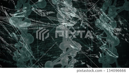 Displaying translucent molecular chain floating in digital lab environment, with atom spheres Displaying translucent molecular chain floating in digital lab environment, with atom spheres 134096666