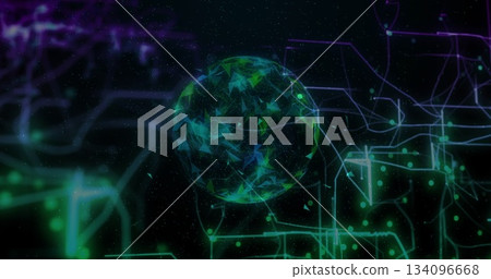 Floating polygonal digital sphere in data grid, glowing circuit lines, network nodes, particles Floating polygonal digital sphere in data grid, glowing circuit lines, network nodes, particles 134096668