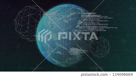 Rotating blue-green Earth globe at green grid plane, with wireframe spheres and code-text blocks 134096669