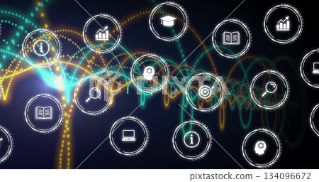 Displaying dashboard overlaying waveform lines in interface, with circular info and chart icons 134096672