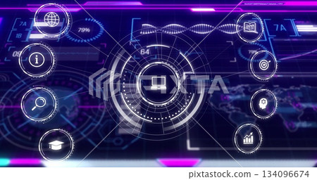 Displaying central laptop icon rotating within holographic control panel, with neon data rings 134096674