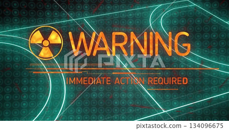 Displaying radioactive symbol WARNING and IMMEDIATE ACTION REQUIRED in console neon grid scan bars 134096675