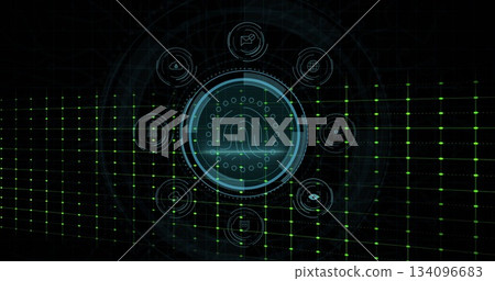 Displaying fingerprint scanner at dashboard, featuring eight security icons on green nodal grid 134096683