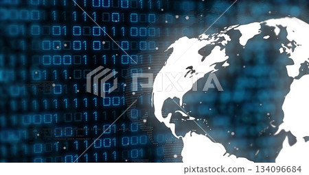 Displaying white stylized globe showing dot network over blue binary code in cyberspace, copy space 134096684