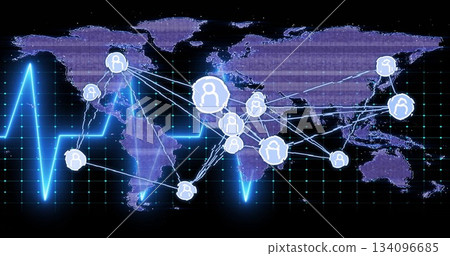 Displaying user icons with lines linking continents on digital map grid, with neon-blue waveform Displaying user icons with lines linking continents on digital map grid, with neon-blue waveform 134096685