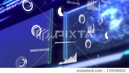 Showing interface on command center screen with floating charts, circular progress widgets 134096692