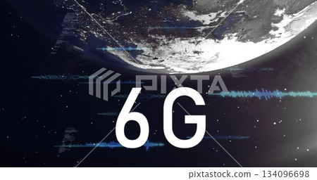 Displaying 6G text floating above Earth in outer space, with glowing code and waveform streams Displaying 6G text floating above Earth in outer space, with glowing code and waveform streams 134096698