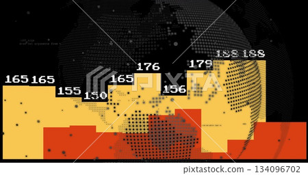 Displaying bar columns fluctuating on screen, with numeric labels, globe motif and dots 134096702