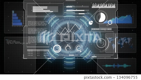 Central HUD display on dark grid backdrop displaying panels, charts, code, map, timecode, waveform 134096755
