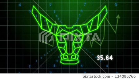 Neon green wireframe bull head floating over grid, with green line chart and white 35 Neon green wireframe bull head floating over grid, with green line chart and white 35 134096766