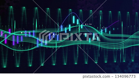 Showing dashboard on hex grid, featuring green waves, spikes, line graphs and candlestick charts 134096773