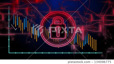 Featuring neon pink padlock icon glowing in cyber interface, with colorful bar chart and red lines 134096775