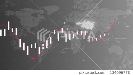 Showing trading chart over dotted world map with white bars, red trend line, country labels 134096778