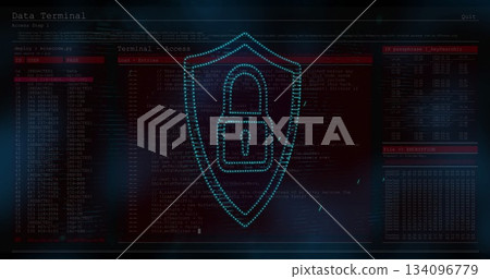 Displaying cyan shield with lock icon in dark interface, showing access prompts and data tables 134096779