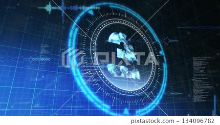Displaying circular HUD showing cloud symbol in grid interface, with waveform and code readouts 134096782