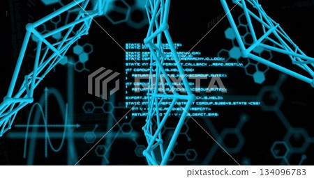 Displaying blue lattice network forming 3D shapes on dark digital display, with code overlays 134096783