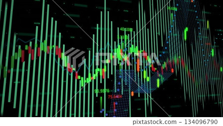 Displaying financial chart on trading dashboard, with green bars, red candlesticks, trend lines Displaying financial chart on trading dashboard, with green bars, red candlesticks, trend lines 134096790