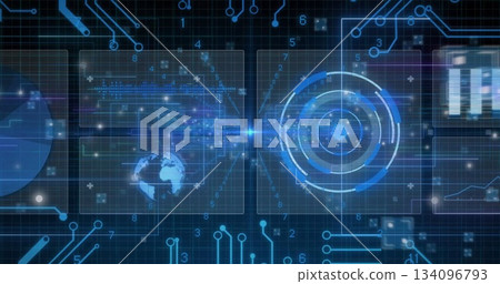 Displaying radar-like graphic rotating in cyberspace grid, with circuit tracings, numeric data 134096793