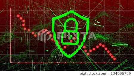 Displaying neon green shield enclosing lock icon in cyber grid, with red data line, mesh waveforms Displaying neon green shield enclosing lock icon in cyber grid, with red data line, mesh waveforms 134096799