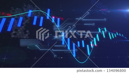Displaying chart interface on dark grid with bars, neon line, traces, hex patterns, numeric labels Displaying chart interface on dark grid with bars, neon line, traces, hex patterns, numeric labels 134096800